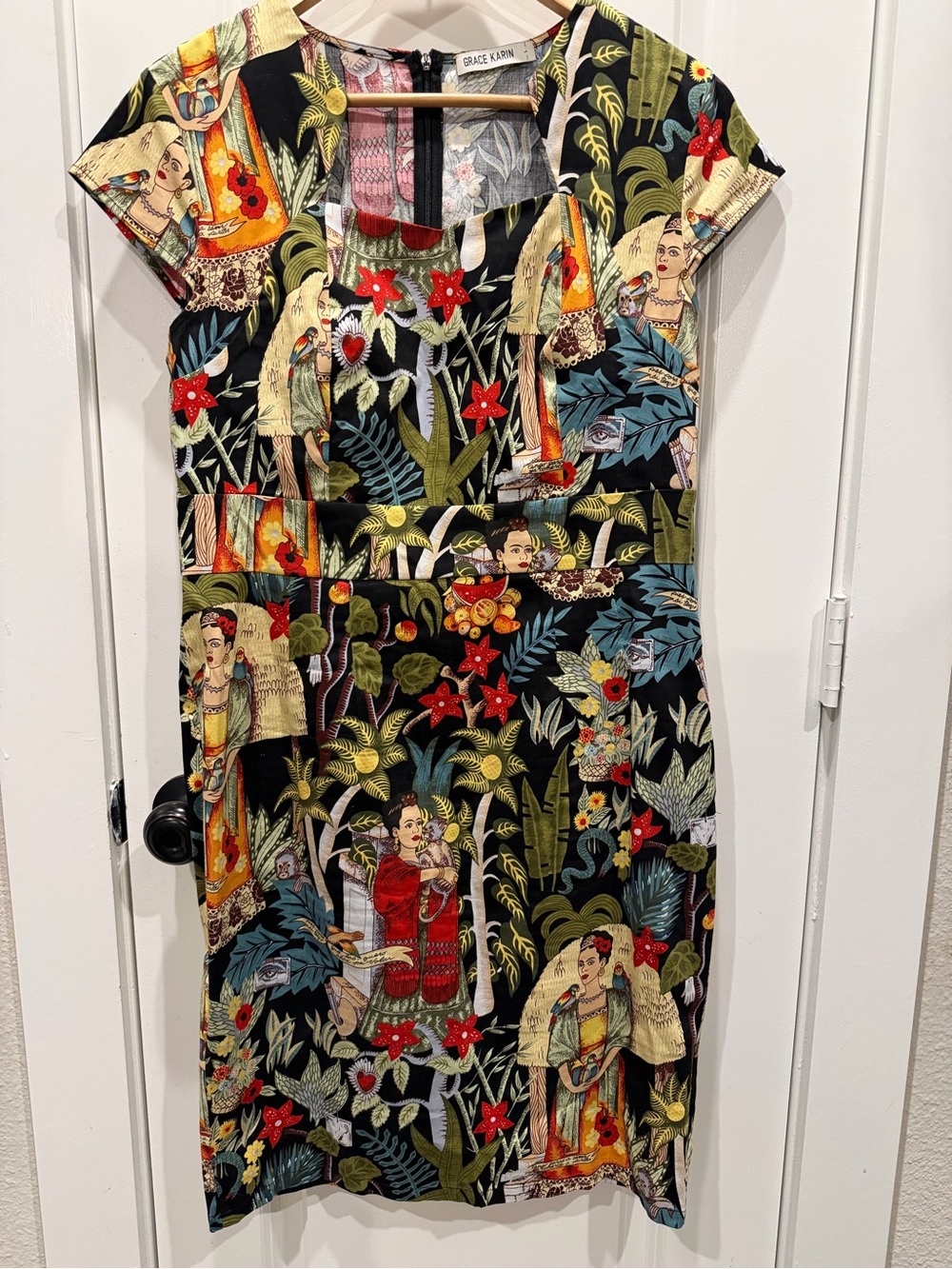 Grace Karin Black Tropical Floral Midi Dress with Red Accents